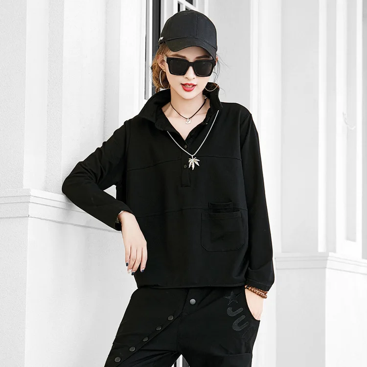 black hoodies Модные брендовые новые женские свободные повседневные однотонные лоскутные Футболки с высоким воротником, модные Универсальные футболки для женщин - Цвет: black hoodies
