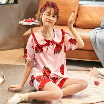 

2020 new Pajamas Women's Short-sleeved Cotton Striped Round Collar Sweet Cute Women's Cotton Home Clothes Two-piece Pajama Set