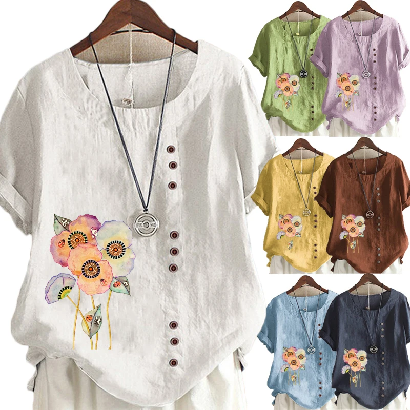 

Women's Fashion Summer New Floral Printed Short Sleeve T-shirt Casual Round Neck Tops Loose Solid Color Blouse