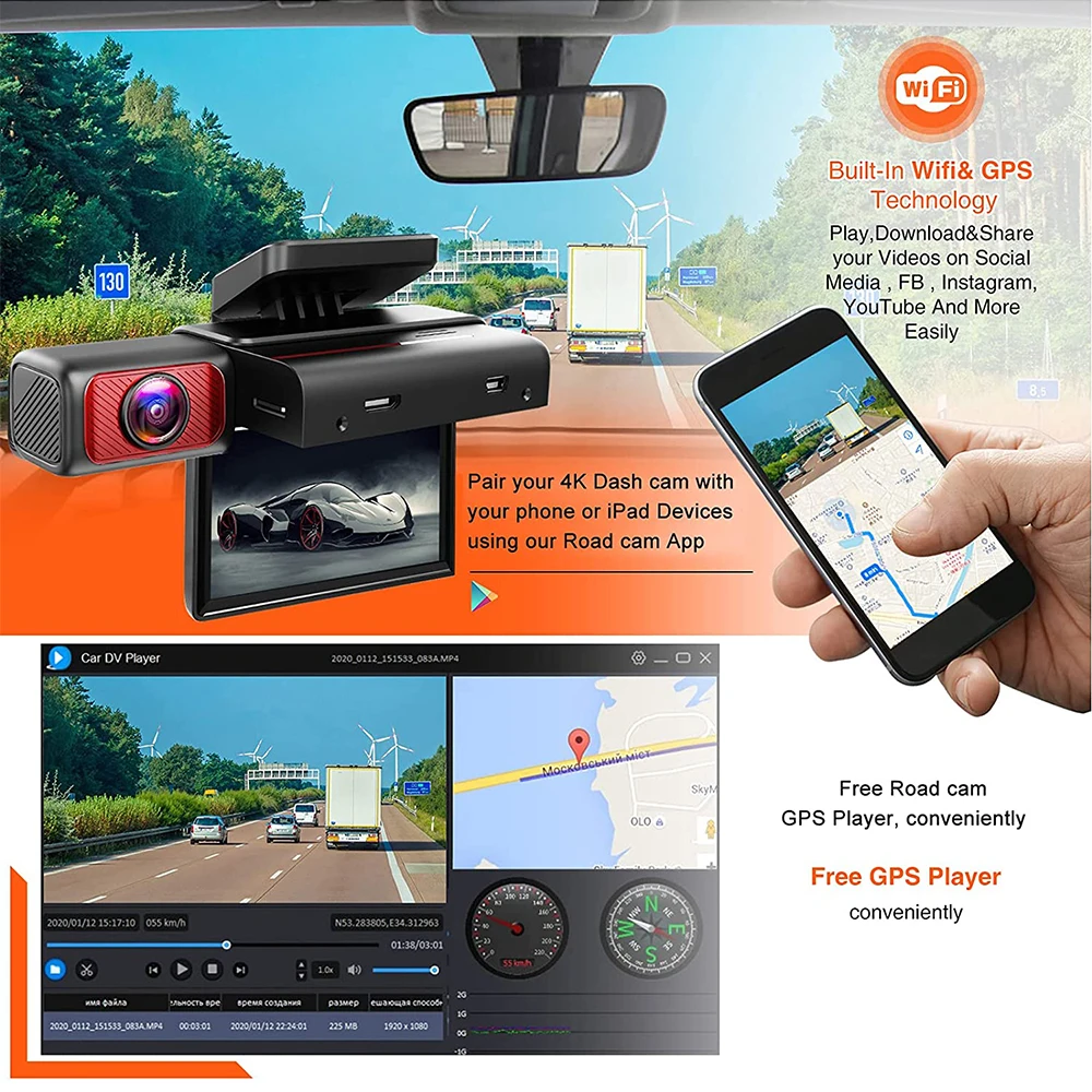 WiFi 3CH UHD 4K GPS Dash Cam Front+Rear+Cabin Car Camera Video Recorder 64G  Card 8011446857242