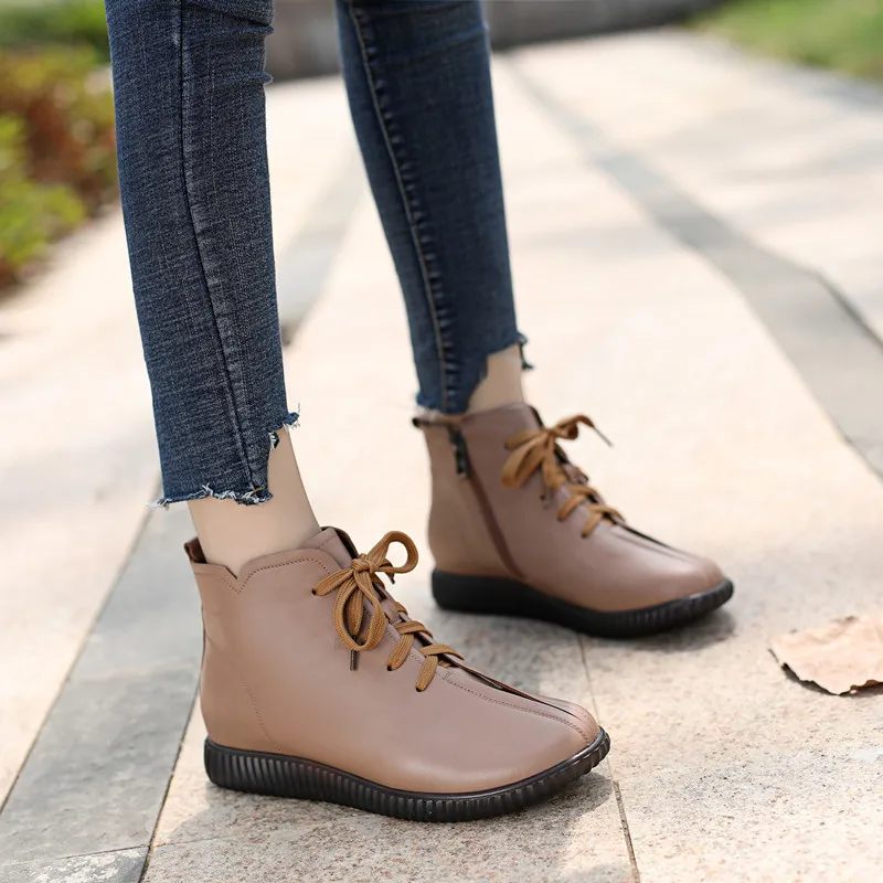 

Genuine Leather Cow Leather Ankle Boots Lace-up Snow Boots Round Toe Flat Winter Solid Women's Boot