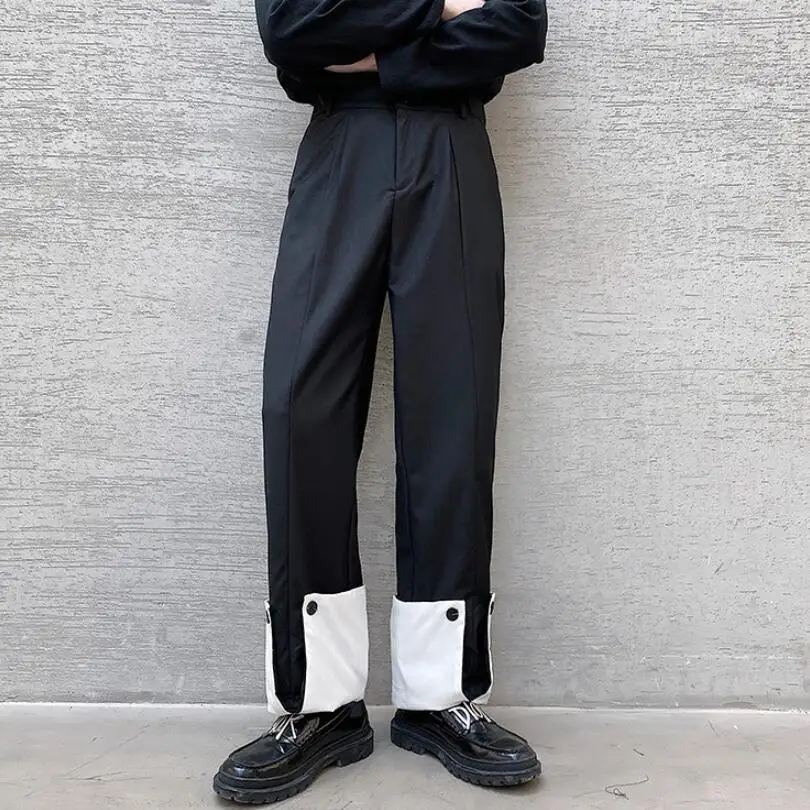 

Контрастные цветные брюки в стиле пэчворк, дизайнерские Костюмные брюки для мужчин, весна-осень 2021, мужские эластичные прямые деловые брюки с боковыми краями w2264