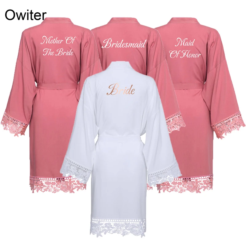 Owiter Dusty Pink Bride Bridesmaid Bride Cotton Kimono Robes with Lace Trim Women Wedding Bridal Robe Party Gift Bathrobe