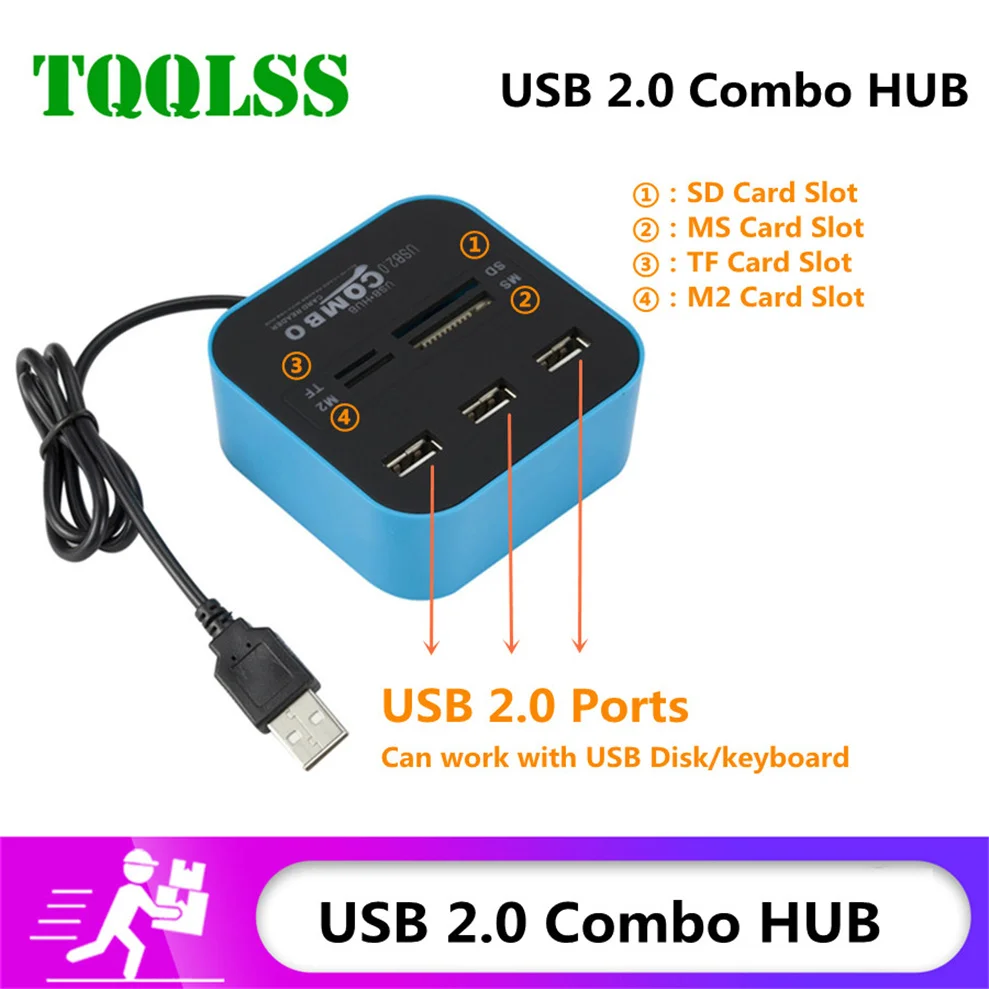 TQQLSS-Hub USB 2,0 de alta velocidad, 3 puertos con lector de tarjetas, miniconcentrador USB, todo en uno Combo, adaptador/divisor USB para PC, portátil y ordenador