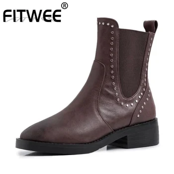 

FITWEE Woman Real Leather Rivets Flats Boots Office Ladies Classics Ankle Boots Autumn Winter Shoes Woman Footwear Size 34-42