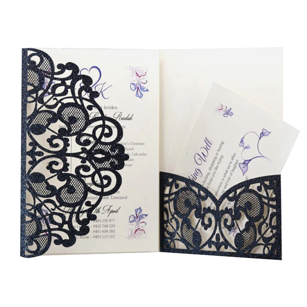 LHH5544 20 шт 3 складки 5x7 ''темно-синие свадебные приглашения карты с бордовыми лентами для свадебной вечеринки помолвка день рождения - Цвет: LHH5544