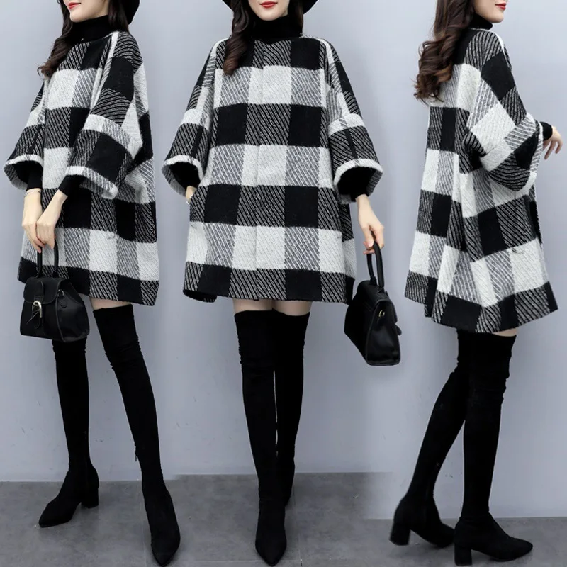 

2019 New Style Autumn And Winter Korean-style Fashion Woolen Jacket Women's Mid-length Plaid Loose And Plus-sized Cloak Woolen O