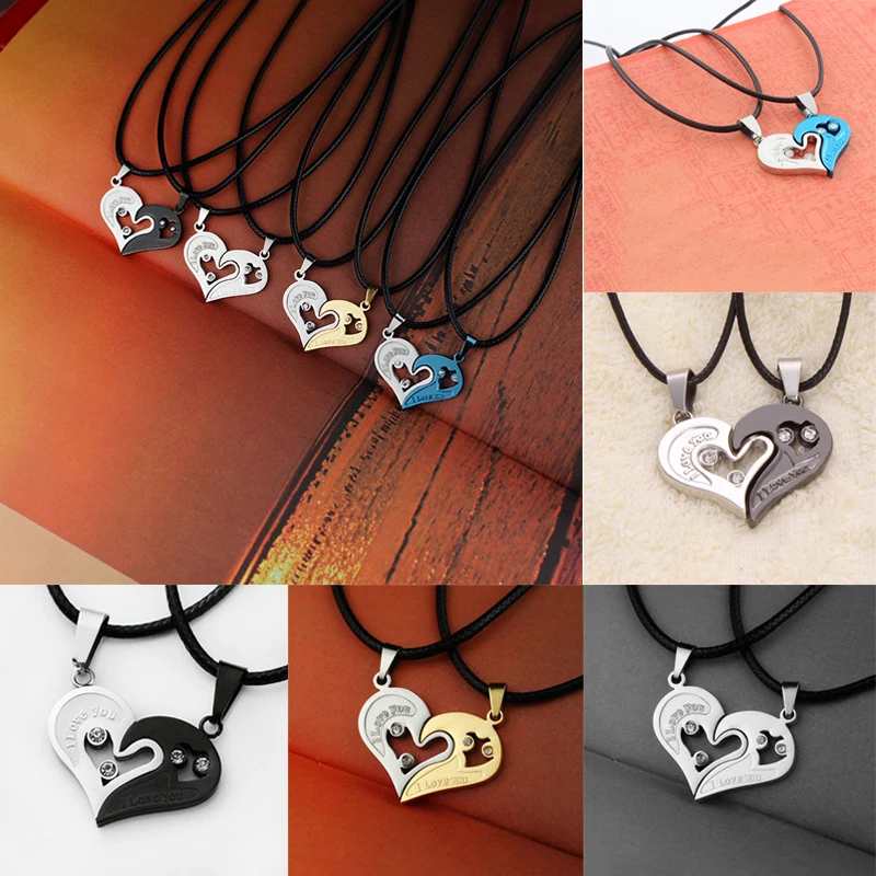 1 pair Fashion Couple Heart Shape I Love You Pendant Necklace Unisex Lovers Couples Jewelry Fashion Gift Accessories