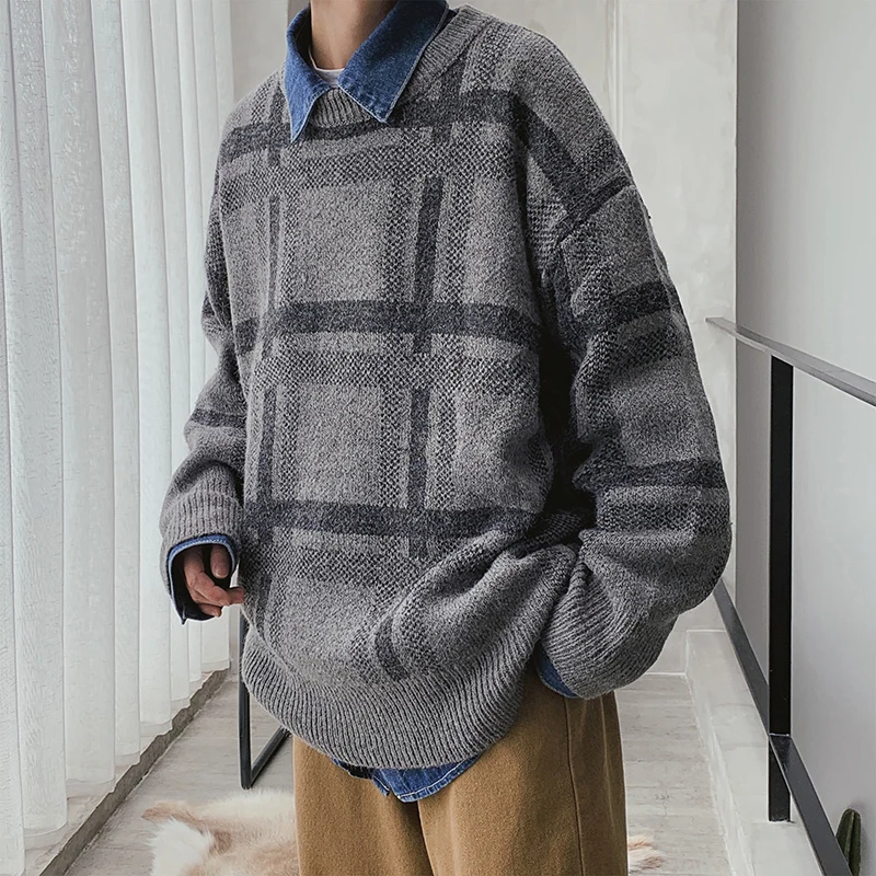 Зимний свитер мужской теплый модный ретро клетчатый Повседневный вязаный свитер мужской уличная дикий Свободный пуловер с длинными рукавами мужская одежда - Цвет: black