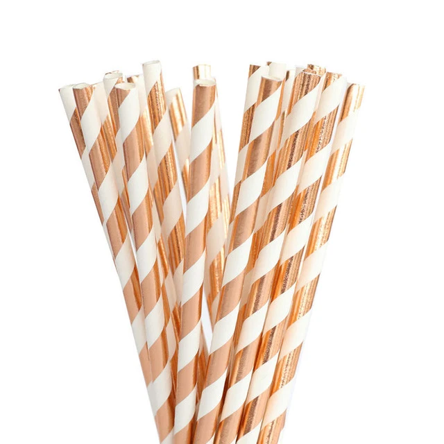 25pcs Striped straw Вечерние одноразовые столовые приборы цвета розового золота, чашки шампанского, воздушные шары, украшения для дня рождения, вечерние принадлежности для малышей - Цвет: 25pcs Striped straw