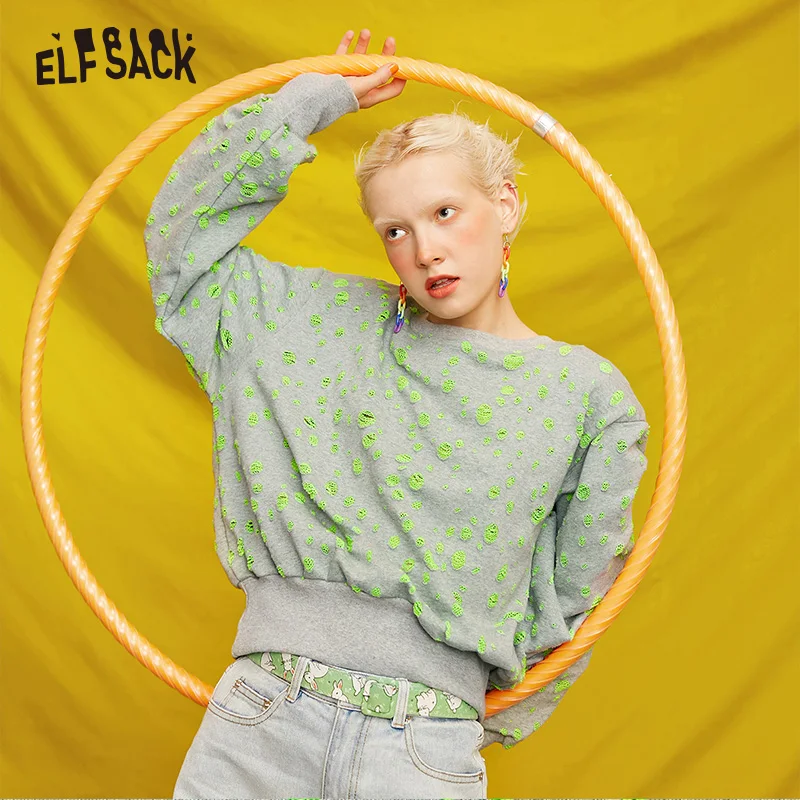 ELFSACK Хлопковые женские толстовки с дырками осень 2019 новые модные неоновые