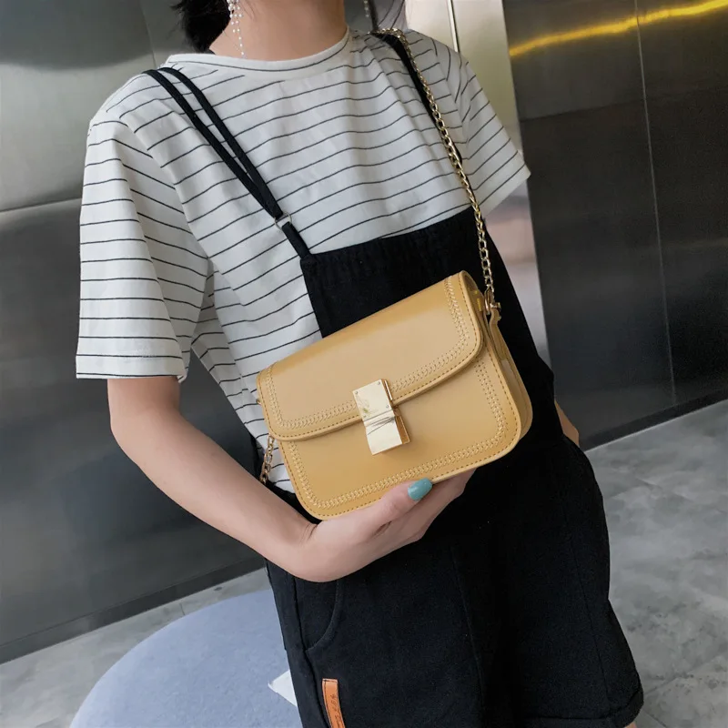 

Small Bag Women's 2019 Summer New Style Wheat Embroidered Chain Square Sling Bag INS Versatile Lock Shoulder Square Bag