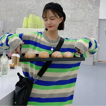 

Autumn new retro striped loose round neck long sleeve sweater