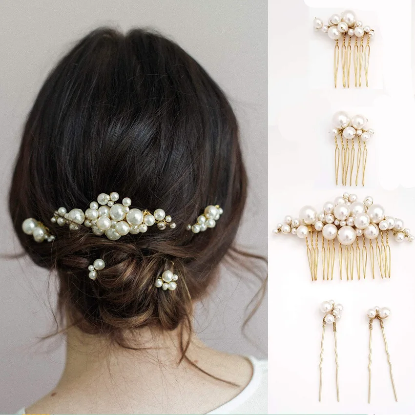 Vintage Baroque Large Pearl Hairpin Bride Hairpin Comb Hairpin European Style Design Marriage Headdress Hair Ornaments Set