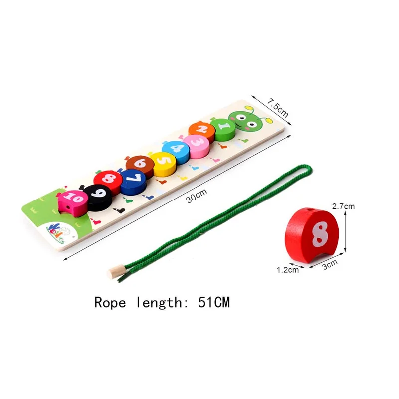Classic Montessori Educational Toy Wooden Stringing Beaded Caterpillars Learning DIY Digital Toys Colorful Number Threading J75 5