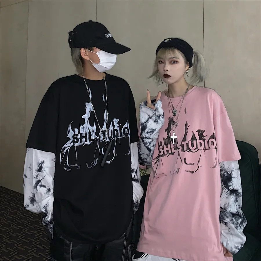 Woherb, Harajuku, футболка из двух частей, женская и Мужская модная уличная одежда, топы с буквенным принтом, повседневные топы с длинным рукавом, футболки