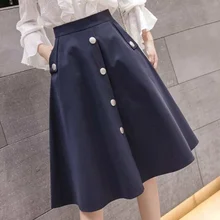 Высокая талия плиссированные Бальные длинные юбки faldas осенние женские Ретро до колен миди пуговицы для юбки Харадзюку AQ438