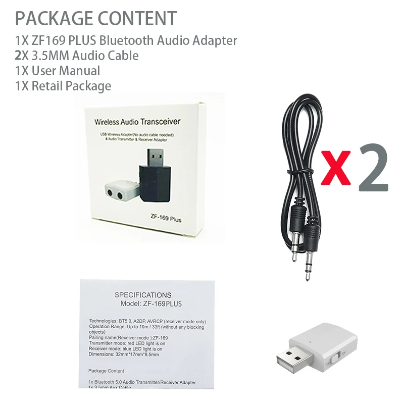 ZF169PLUS White USB Bluetooth 5,0 адаптер 3 в 1 беспроводной стерео Bluetooth аудио передатчик приемник BT 3,5 мм AUX Jack ключ для ТВ ПК автомобильный комплект - Цвет: ZF169PLUS White