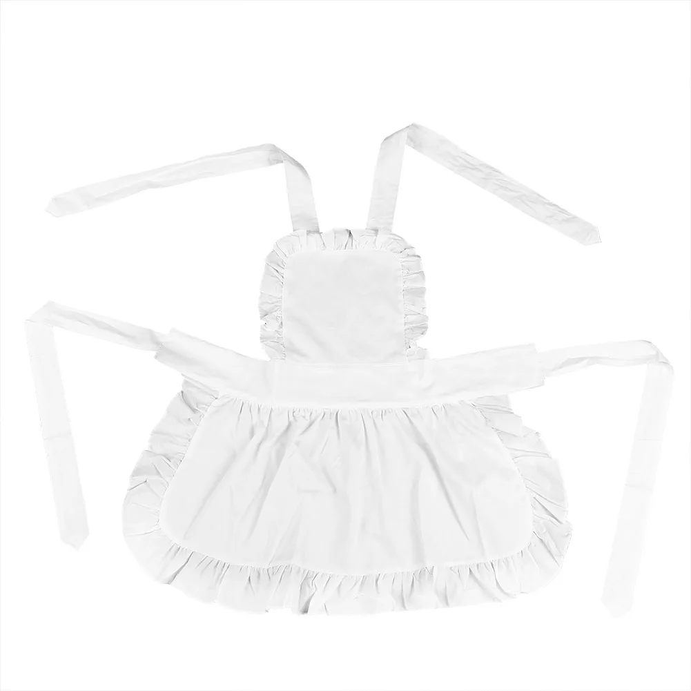 White Sleeveless Cotton Women Maid Apron Ruffle Hem Kitchen Garden Working Accessories Solid Color Apron