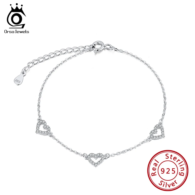 ORSA JEWELS 925 пробы Серебряный удлиненный браслет для женщин с AAAA цирконием Сердце Браслеты с подвесками Женские Простые Ювелирные изделия SB57