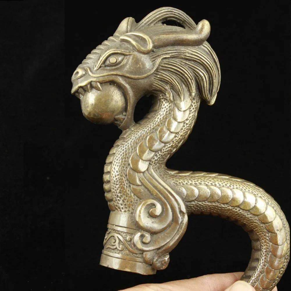 

Old Handwork Carving Bronze Rare Dragon Statue Cane Head Walking Stick