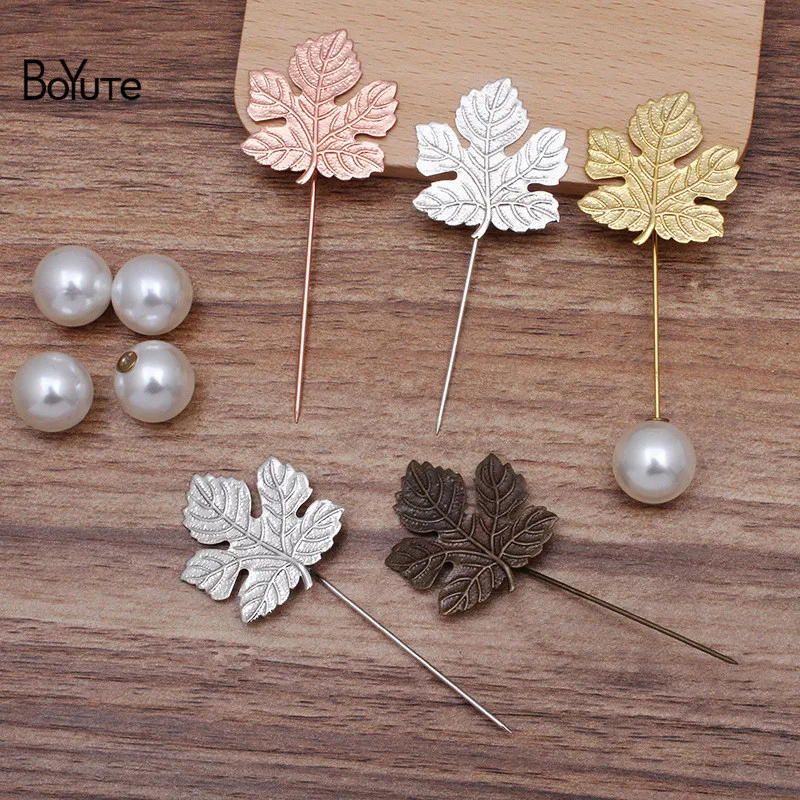 

BoYuTe (20 Pieces/Lot) 29*32MM Metal Maple Leaf Lapel Pin with Pearl Stopper Diy Handmade Brooch Pins Jewelry Accessories
