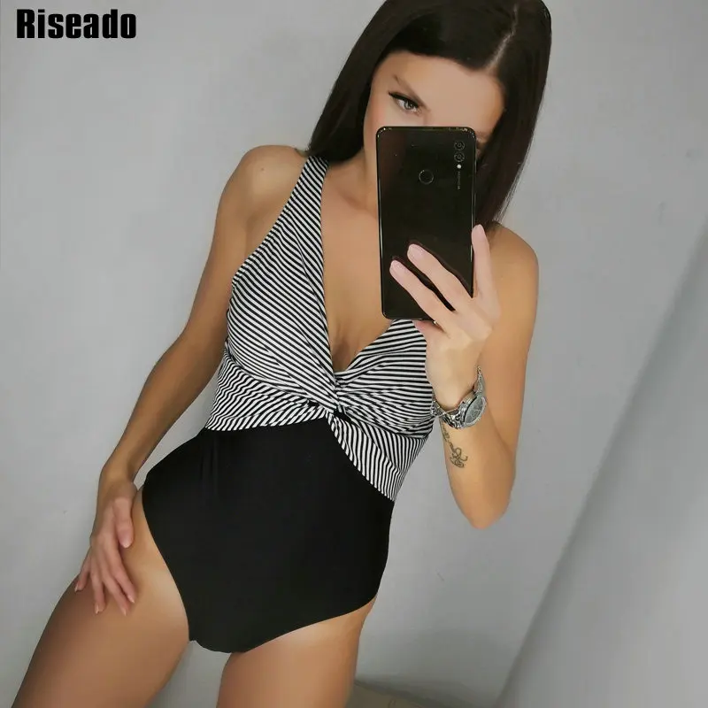 Женский винтажный слитный купальник Riseado полосатый летний пляжный костюм с U
