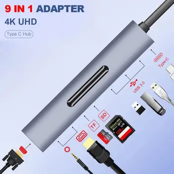 

9-in-1 Type-C To HDMI / VGA / USB Hub 4K Adapter Converter TF Secure Digital Memory Card Slot Universal