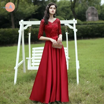 

Women's long formal prom evening dress lace embroidery satin wedding party dress Plus size Ceremony Bespoke Occasion Dress