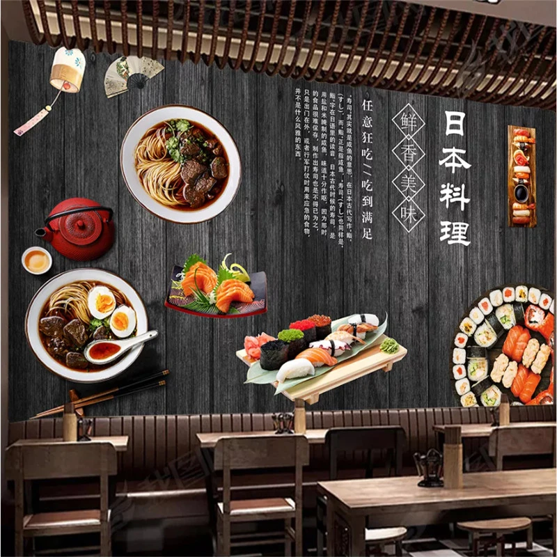 日本の磁器料理の壁紙 3dプリント 寿司 レストラン ケータリング 装飾 黒の木の板 質感 壁紙 Aliexpress