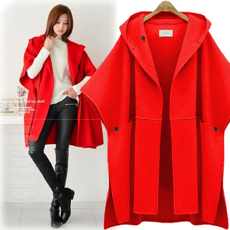 Большие размеры повседневные женские пальто зимнее шерстяное пальто с капюшоном Свободный плащ куртки рукав «летучая мышь» женские Vestidos Большие размеры XL-5XL