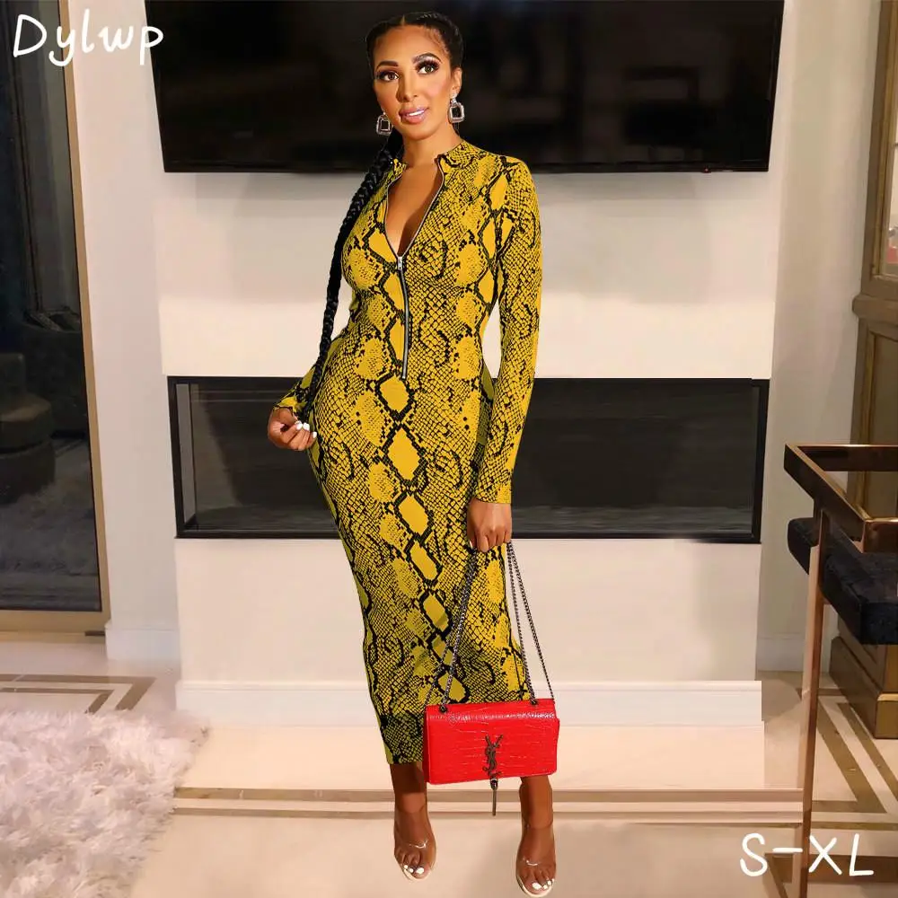 

Women Sexy Snake Print Bodycon Dress 2020 Spring Fashion Long Sleeve Zipper Maxi Dresses Lady Vintage Party Night Long Dress