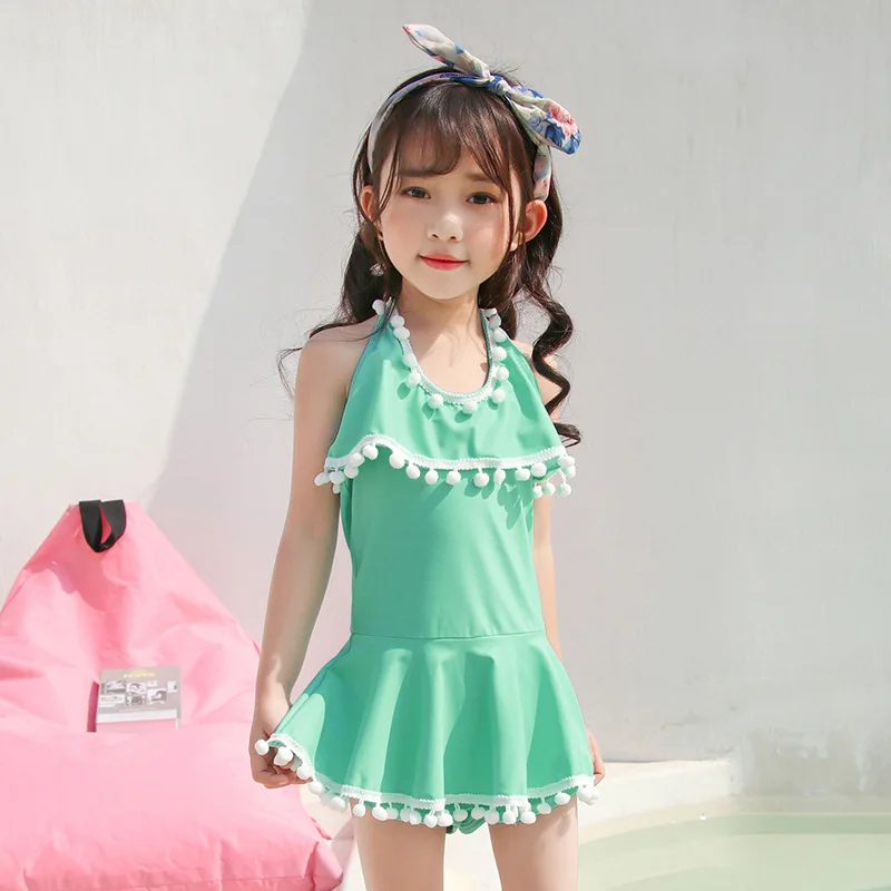 

2019 New Style Hot Sales KID'S Swimwear Halter Solid Color Furry Ball Backless Dress Triangle Small CHILDREN'S GIRL'S Swimsuit