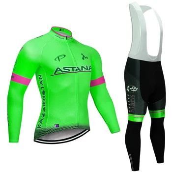 

Winter 2020 FLUOR Green ASTANA cycling jacket 20D Pad bike pants set Ropa Ciclismo men Thermal fleece pro bicycling wear Maillot