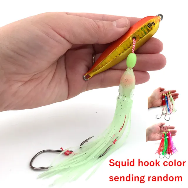inchiku Squid Octopus lure 40g 60g 80g 100g Bottomship Sinking Slow Metal Jig Head Skirt Hook Saltwater Fishing Marlin Lure Bait Color C with hook