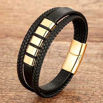 Punk Style Multilayer Braid Leather Bracelet For Men Stainless Steel Magnetic Clasp Bracelets Male Wristband Jewelry Accessories