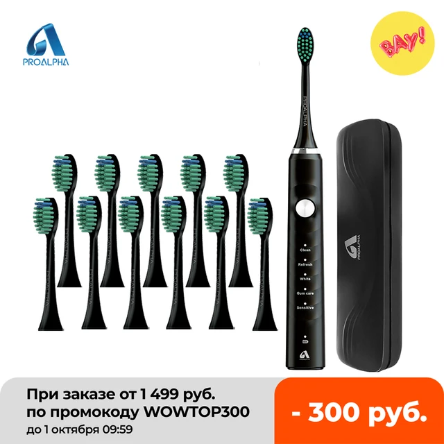 Sonic Electric Toothbrushes for travel Proalpha with Timer 5 Modes waterproof Rechargeable Whitening Adults Tooth brush with box S310 Black 6pcs TH