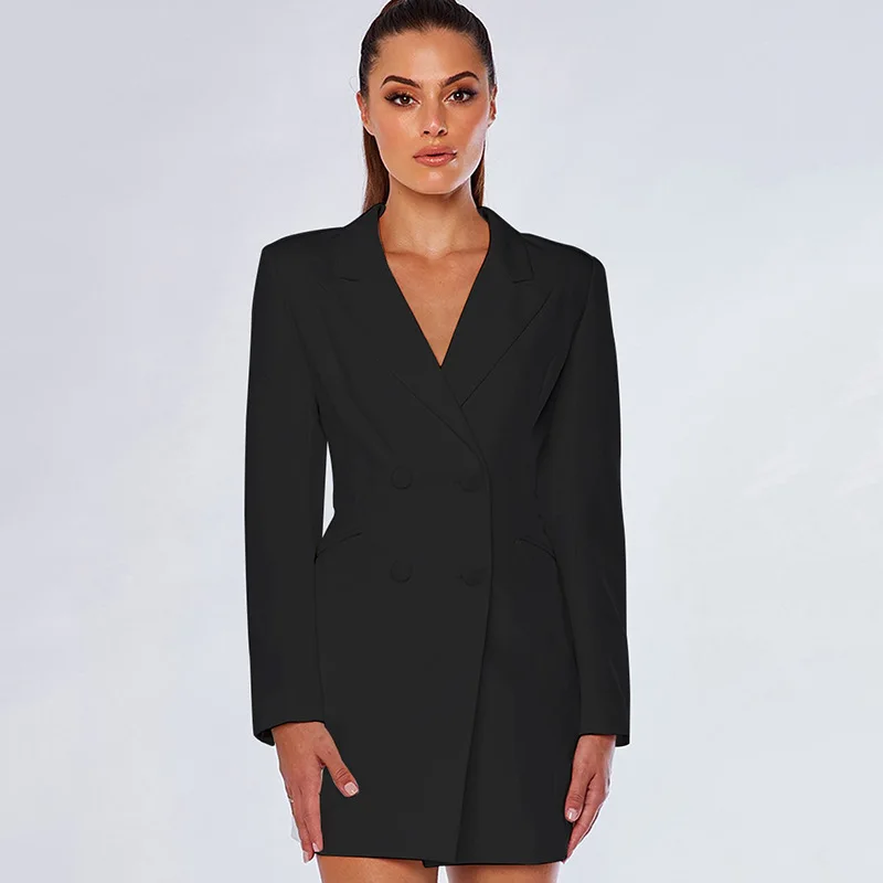 Chicology double breasted elegant office lady blazer dress long sleeve American jacket suit summer autumn women clothing