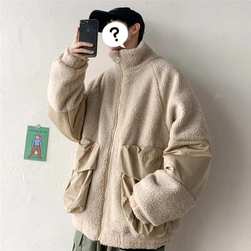 

Winter Thick Lamb Fur Jacket Men Warm Parka Men Fashion Large Pocket Cotton Coat Mens Streetwear Wild Loose Jacket Male Clothes