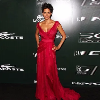 

Backless 2019 Formal Celebrity Dresses A-line V-neck Cap Sleeves Lace Long Famous Red Carpet Dresses