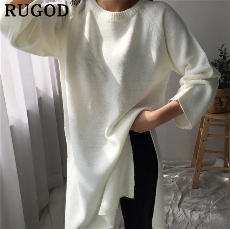 RUGOD корейский ins женский белый длинный свитер Элегантный Круглый вырез Сплит трикотажные женские пуловеры Harajuku повседневные свободные зимние свитера