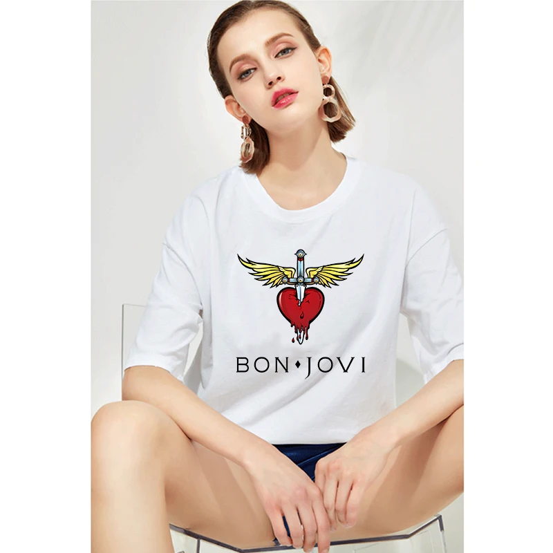 Женская футболка в стиле Харадзюку bon jovi Винтажная рок Белая Летняя на