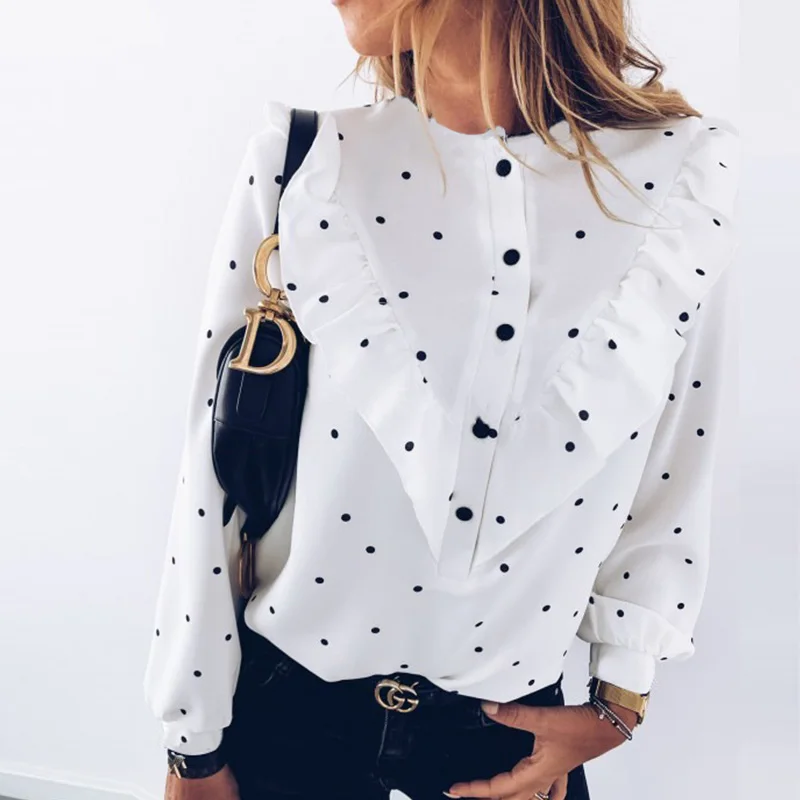  Lady Autumn Long Sleeve Polka Dot Ruffle Blouse Shirt Elegant Casual O Neck Buttons Pullover Women 