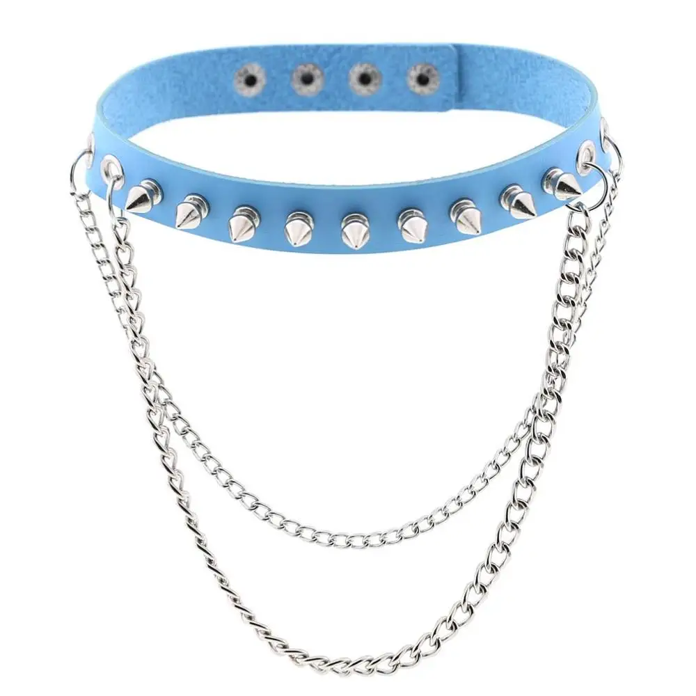 Light Blue Кожаный чокер KMVEXO, кожаный ошейник с металлическими шипами - Окраска металла: Light Blue