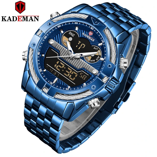 KADEMAN Gold Watch Men Dual Display Wristwathes Stainless Steel Digital Quartz Sport Men's Watches 2021 Luxury Brand Waterproof Blue