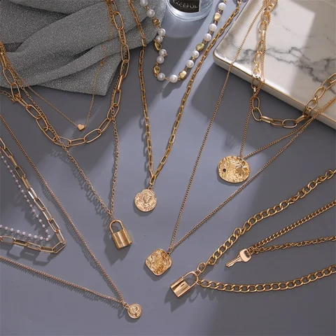 FNIO Vintage Multi Layered Women's Necklaces Pearl Round Coin Gold Necklaces Bohemia Fashion Long pendant Necklace 2020 Jewelry