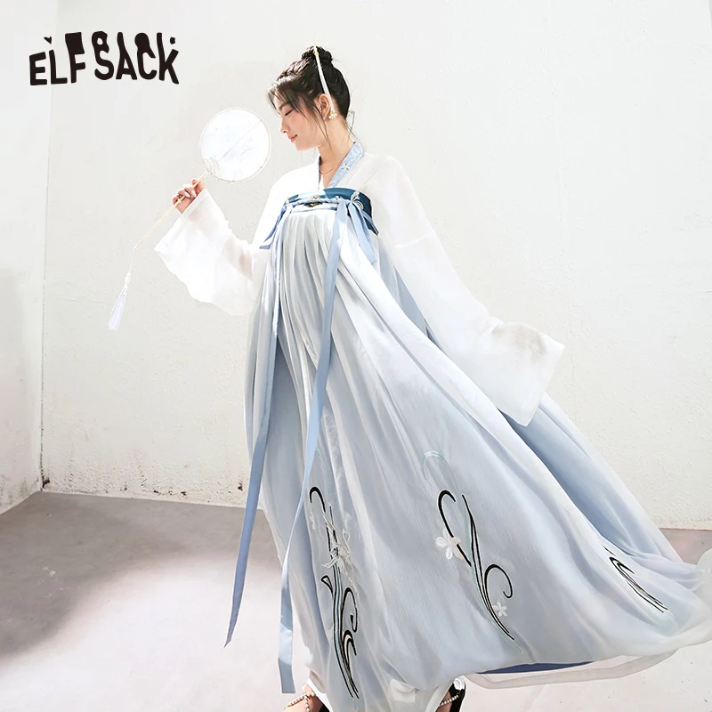 Женское винтажное платье ELFSACK голубое однотонное с цветочной вышивкой в