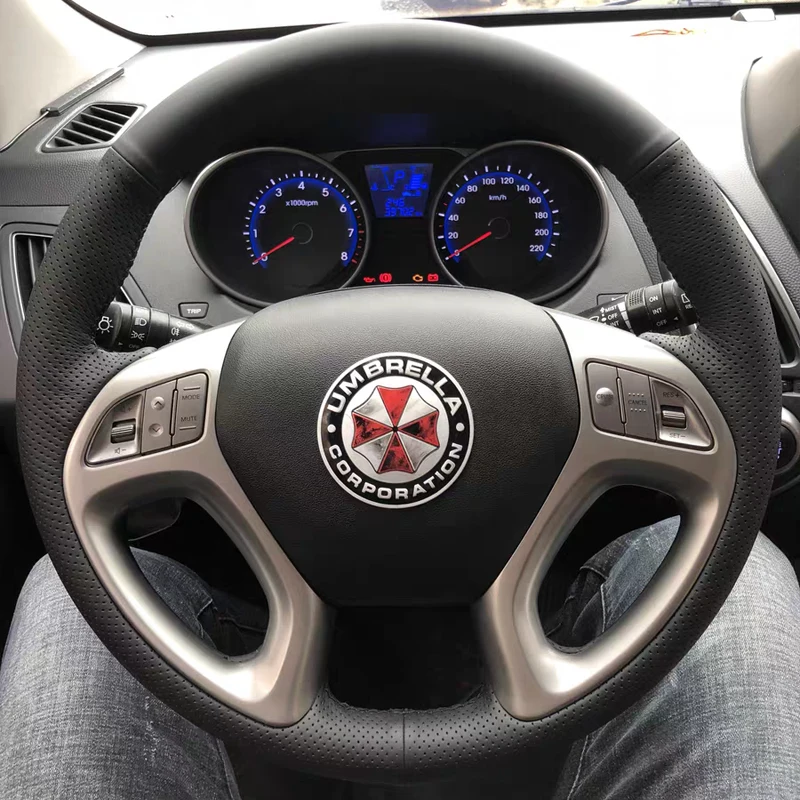 

Free Shipping High Quality cowhide Top Layer Leather handmade Sewing Steering wheel covers protect For Hyundai ix35/Tucson 2