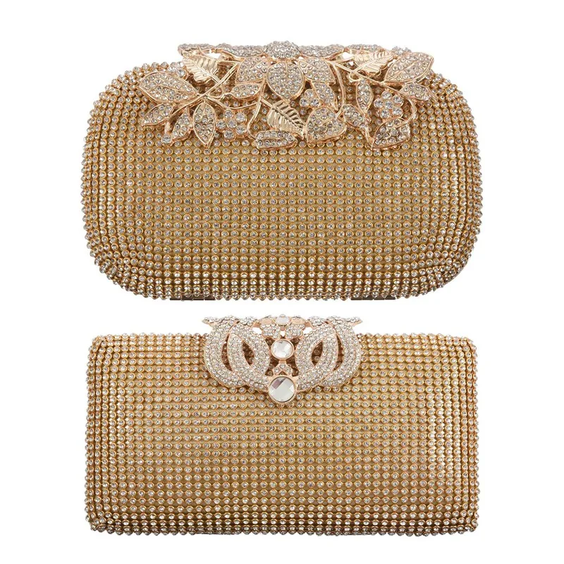 

2 Pcs Unique Women Evening Bag Gold Dazzling Rhinestone Clutch Purse Party Bridal Prom, 1 Pcs Rhinestone Encrusted & 1 Pcs Leaf