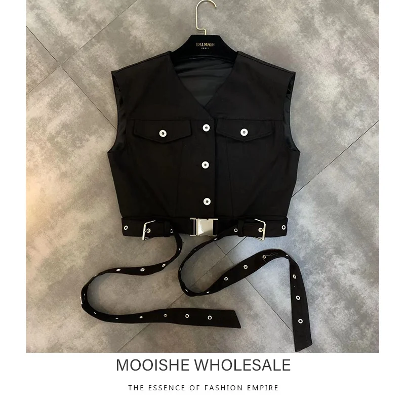 

2019 Autumn New V-neck Sleeveless Pocket Irregular Belt Trend Motorcycle Vest